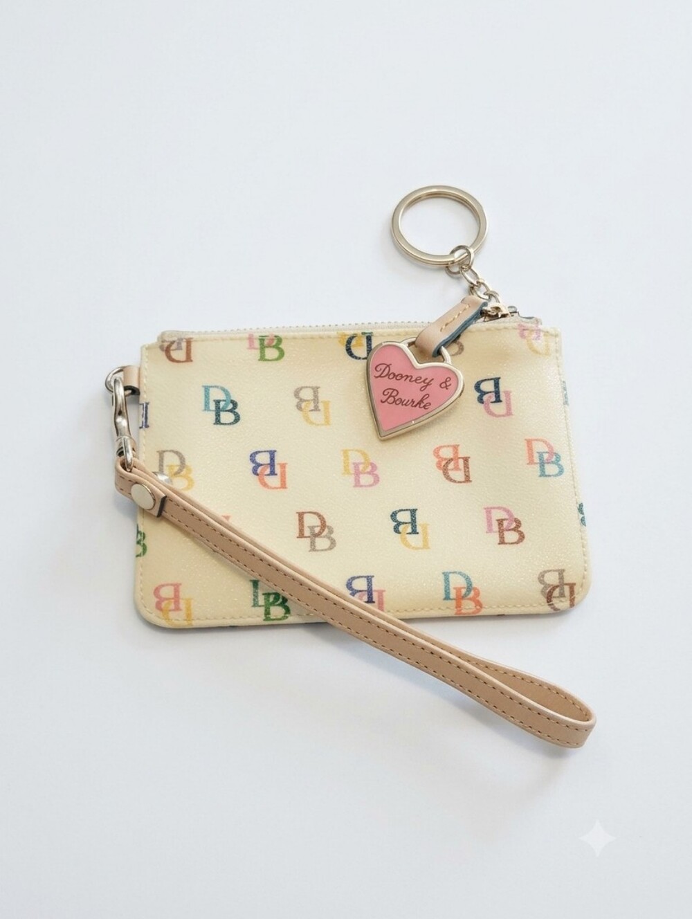 Dooney & Bourke Vintage Y2k Multicolor Signature Wristlet with Pink Heart Charm